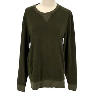Mens Dark Green Fleece Crewneck Sweatshirt Long Sleeve V-Stitch Accent